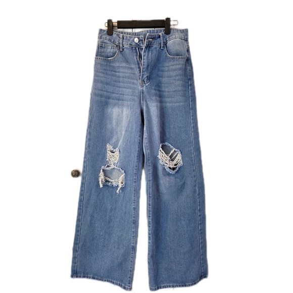 Denim - Wide Leg Women's Distressed Blue Jeans